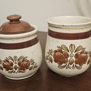 Vintage Speckled Creamer and Sugar Set  Brown Green Floral Made in Japan